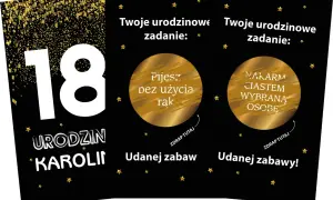 Złote karty z zadaniami na 18 urodziny Karoliny: "Pijesz bez użycia rąk" i "Nakarm ciastem wybraną osobę". Udanej zabawy!
