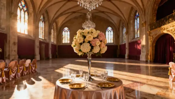 Elegancka sala balowa przygotowana na wesele na 50 osób. Stół z kwiatami i zastawą, rzędy krzeseł w satynowych pokrowcach.