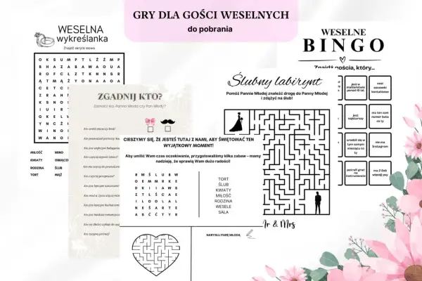 Gry weselne dla gości: wykreślanka, bingo, labirynt i zgadywanki. Zabawy pomogą umilić czas oczekiwania na Parę Młodą.